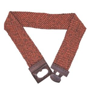 Vintage Boho Seed Bead Belt W/ Wood Buckle Marmalade Orange. 30" + Stretch